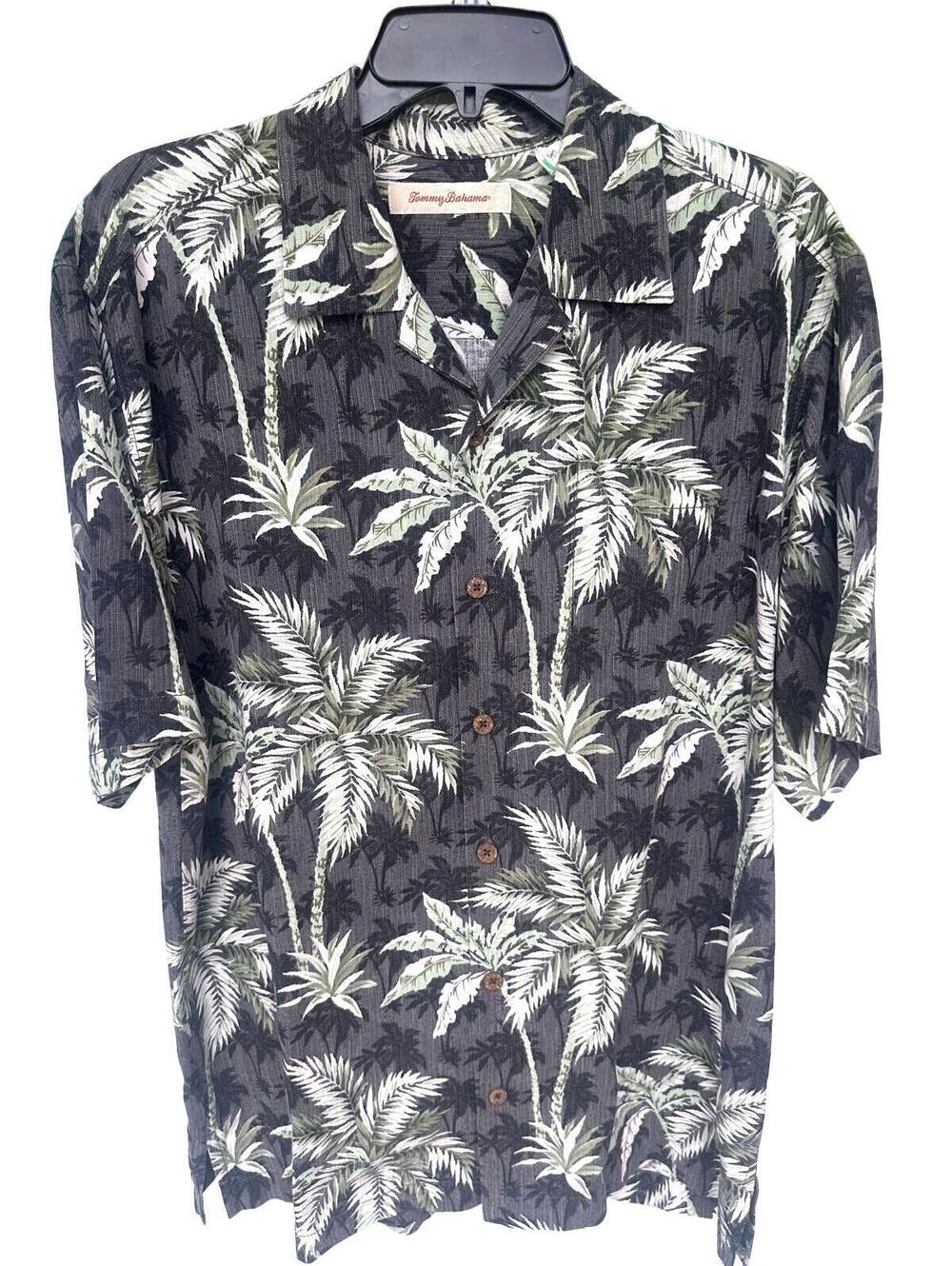 Tommy Bahama Men's Gray 100% Silk Green Palm Trees Button Down Hawaiian Shir - M